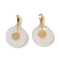 Хрусталь Природного кварца хрустальных подвесок, плоские круглые подвески из горного хрусталя с золотистым оттенком 304 солнечные ломтики из нержавеющей стали и латунные застежки-кнопки, 19~20.5x16~16.3x3.5~4.2 мм, отверстие : 6x3 мм