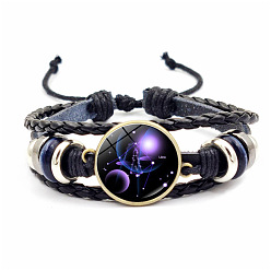 Libra Leather Triple Layer Multi-strand Bracelets, with Glass Constellation Links, Libra, 7-1/8 inch(18cm)
