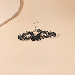 Black Halloween Themed Polyester Butterfly Chocker Necklace, Velvet Jewelry for Women, Black, 11.81 inch(30cm)