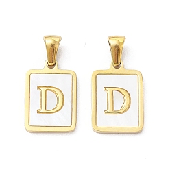 Letter D Ion Plating(IP) 304 Stainless Steel Pave Shell Pendants, Rectangle Charm, Real 18K Gold Plated, Letter D, 17.5x12x1.5mm, Hole: 3x5mm