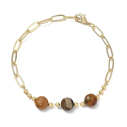 Ocean Jasper Natural Ocean Jasper Faceted Flat Round Beaded Brass Paperclip Chain Bracelets, Long-Lasting Plated, Golden, 8.50 inch(21.6cm)
