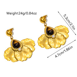 Тигровый глаз 304 из нержавеющей стали болтаться серьги, лепесткообразный с каплевидным, с натуральным тигровый глаз, реальный 18 k позолоченный, 53x47 мм