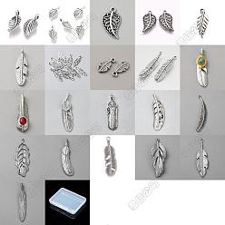 Antique Silver 96Pcs Tibetan Style Alloy Pendants, Feather Charms, Antique Silver, 14~69x4.5~25x1~8.5mm, Hole: 1~9mm