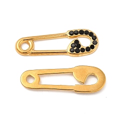 Jet Vacuum Plating 201 Stainless Steel Rhinestone Connector Charms, Safety Pin Links, Real 18K Gold Plated, Jet, 24.5x8x1.5mm, Hole: 2mm and 3mm