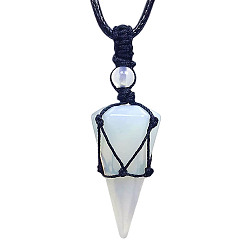 Opalite Opalite Cone Pendant Necklaces, Wax String Macrame Pouch Necklace, 20.08~31.50 inch(51~80cm)