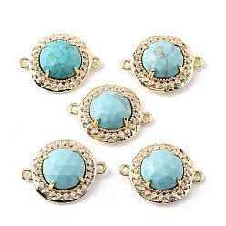 Синтетическая Бирюза Подвески с гранеными разъемами из синтетической бирюзы, латунные микро-паве прозрачные кубические цирконии плоские круглые драгоценные камни звенья, золотые, стойки покрытие, 21x16x7 мм, отверстие : 1.6 мм