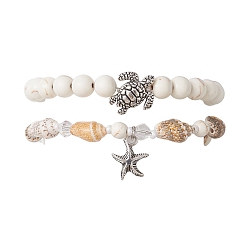 Howlite 2Pcs 2 Style Synthetic Howlite & Glass & Shell Stretch Bracelets with Tortoise, Stackable Bracelets with Alloy Starfish Charms, 7-1/4 inch(18.5cm), 1Pc/style