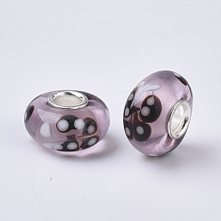 Chardon Perles européennes en lampwork faits à la main, Perles avec un grand trou   , avec noyaux simples en laiton plaqué couleur argent, rondelle, chardon, 14x7.5mm, Trou: 4mm