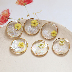 Light Gold Epoxy Resin Pendants, with Dried Flower Inside Charms, Flat Round, Light Gold, 22mm