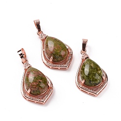 Unakite Natural Unakite Pendants, Teardrop Charms, with Rose Gold Tone Rack Plating Brass Findings, 32x19x10mm, Hole: 8x5mm