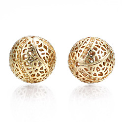 Real 18K Gold Plated Brass Beads, Nickel Free, Hollow, Round, Real 18K Gold Plated, 13mm, Hole: 1mm