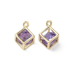 Púrpura Media Micro latón allanan colgantes cúbicos del zirconia, larga duración plateado, encanto del cubo, real 18 k chapado en oro, púrpura medio, 13x10x7 mm, agujero: 1.5 mm
