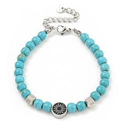 Солнце 304 Женские круглые браслеты из нержавеющей стали и синтетической бирюзы из бисера, солнце, 7-1/8 дюйм (18.2 см)