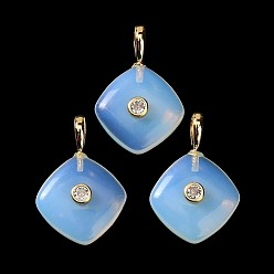 Opalite Opalite Pendants, with Golden Brass Micro Pave Clear Cubic Zirconia Findings, Rhombus Charm, 30~30.5x20.5~21x9~10mm, Hole: 5.5~6x4mm