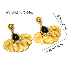 Черный Камень 304 из нержавеющей стали болтаться серьги, лепесткообразный с каплевидным, с натуральным черным камнем, реальный 18 k позолоченный, 53x47 мм