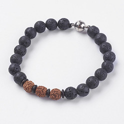 Natural Gemstone Natural Lava Rock Beads Stretch Bracelets, with Natural Rudraksha and Magnetic Clasp, 7-1/2 inch(190mm)