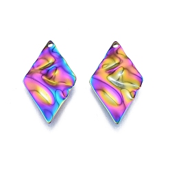 Rainbow Color Ion Plating(IP) 201 Stainless Steel Pendant, Textured Charms, Rhombus, Rainbow Color, 32.5x18x1mm, Hole: 1.6mm