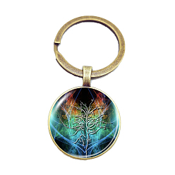Medium Turquoise Glass Keychains, Flat Round with Tree of Life Charms, Medium Turquoise, 6cm