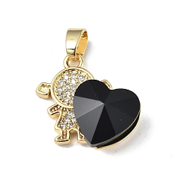 Black Real 18K Gold Plated Rack Plating Brass Micro Pave Clear Cubic Zirconia Pendants, with Glass, Long-Lasting Plated, Cadmium Free & Lead Free, Girl with Heart Charm, Black, 20.8x17x8mm, Hole: 6x3mm