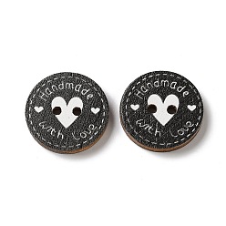 Black 2-Hole Printed Wood Buttons, Flat Round with Heart & Word Love, Black, 20x3mm, Hole: 2mm