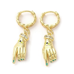 Medium Turquoise Palm with Horse Eye Real 18K Gold Plated Brass Dangle Hoop Earrings, with Enamel and Cubic Zirconia, Medium Turquoise, 36x8.5mm