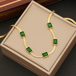1# necklace Green Square Stainless Steel Necklace - Minimalist Serpentine Chain for Elegant Collarbone Look