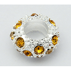 Topaz Alloy European Beads, with Rhinestone Beads, Rondelle, Silver Metal Color, Topaz, 11x5.5mm, Hole: 5mm