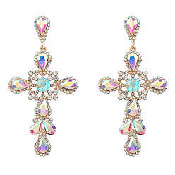 Crystal AB Alloy Rhinestone Cross Stud Earrings, Bohemia Style Earrings for Women, Crystal AB, 80x40mm
