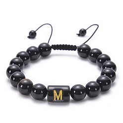 M Natural Black Agate Beaded Bracelet Adjustable Women's Handmade Alphabet Stone Strand Jewelry