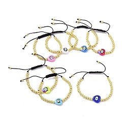 Mixed Color Enamel Evil Eye Heart & Brass Braided Bead Bracelet for Women, Cadmium Free & Lead Free, Mixed Color, Inner Diameter: 2~3-1/8 inch(5.05~8cm)