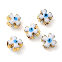 White Golden Tone Brass Enamel Beads, Cadmium Free & Lead Free, Long-Lasting Plated, Cross with Evil Eye, White, 8x8x6mm, Hole: 1.8mm