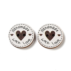 White 2-Hole Printed Wood Buttons, Flat Round with Heart & Word Love, White, 20x3mm, Hole: 2mm