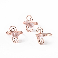 Quartz Crystal Natural Quartz Crystal Chips with Vortex Finger Ring, Rose Gold Brass Wire Wrap Jewelry for Women, Inner Diameter: 18mm