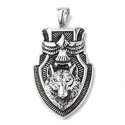 Antique Silver 304 Stainless Steel Big Pendants, Shield with Wolf Charm, Antique Silver, 51x30x8mm, Hole: 5x9mm