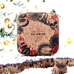 Flower Portable Skull Printed Square Cork Wood Jewelry Packaging Zipper Box for Necklaces Earrings Storage, Flower, 10x10x5cm