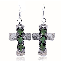 Antique silver blue Vintage Turquoise Cross Alloy Earrings Pendant Studs for Faithful Fashionistas