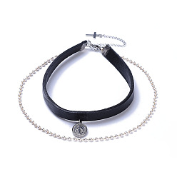 Black Cowhide Leather Cord Choker Necklaces, with 304 Stainless Steel Pendants, with Handmade Brass Beaded and ABS Plastic Imitation Pearl Chains, Black, 11.9 inch(30.3cm)