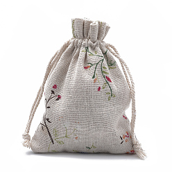 Old Lace Polycotton(Polyester Cotton) Packing Pouches Drawstring Bags, with Printed Leafy Branches, Old Lace, 14x10cm