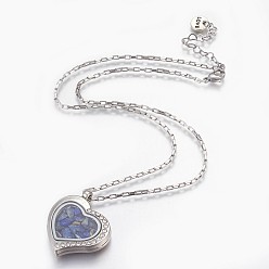 Lapis Lazuli Alloy Rhinestone Pendant Necklaces, with Natural Lapis Lazuli Chip Beads and 304 Stainless Steel Findings, Heart, 18.11 inch(46cm)