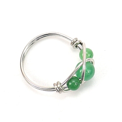 Green Aventurine Natural Green Aventurine Round Braided Bead Style Finger Ring, Platinum Brass Wire Wrap Ring, Inner Diameter: 18mm