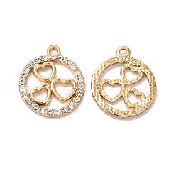 Golden Rack Plating Alloy Crystal Rhinestone Pendants, Ring with Heart Charms, Golden, 22.5x19x2mm, Hole: 2mm
