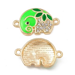 Lime Alloy Crystal Rhinestone Connector Charms, with Enamel, Elephant Links, Light Gold, Lime, 14.5x23x3mm, Hole: 1.6mm