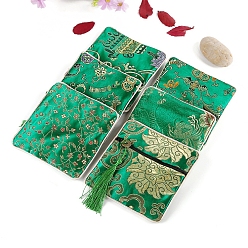 Sea Green Square Chinese Style Brocade Zipper Bags with Tassel, for Bracelet, Necklace, Random Pattern, Sea Green, 11.5x11.5cm