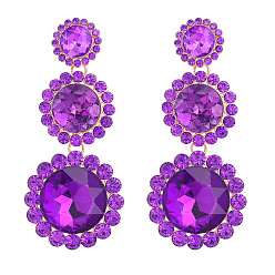 Purple Velvet Sparkling Rhinestone & Glass Triple Flower Dangle Stud Earrings, Golden Alloy Long Tassel Drop Earrings for Women, Purple Velvet, 84x36mm