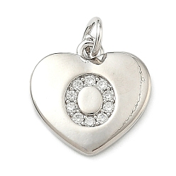 Letter O Латунные микропаве прозрачные подвески с фианитом, сердце прелести, без кадмия и без свинца, стойки покрытие, долговечный, платина, Письмо O, 15x15x2 мм, отверстие : 3 мм