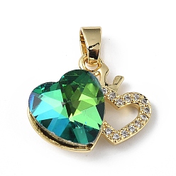 Sea Green Real 18K Gold Plated Rack Plating Brass Micro Pave Clear Cubic Zirconia Pendants, with Glass, Long-Lasting Plated, Cadmium Free & Lead Free, Heart Charm, Sea Green, 16x19.5x8mm, Hole: 5x3.2mm