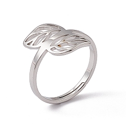 Stainless Steel Color 201 Stainless Steel Hollow Out Leaf Adjustable Ring for Women, Stainless Steel Color, US Size 6(16.5mm)