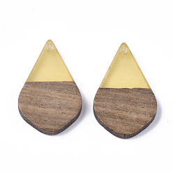 Gold Resin & Walnut Wood Pendants, Teardrop, Gold, 28x18x3mm, Hole: 2mm
