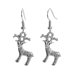Antique Silver Fashion Alloy Enamel Earrings, with Brass Earring Hooks, Christmas Reindeer/Stag, for Christmas, Antique Silver, 42x17mm