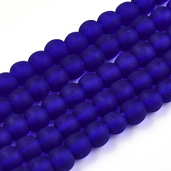 Dark Blue Transparent Glass Beads Strands, Frosted, Round, Dark Blue, 4~4.5mm, Hole: 0.8mm, about 97~99pcs/strand, 14.76 inch~14.96 inch(37.5~38cm)